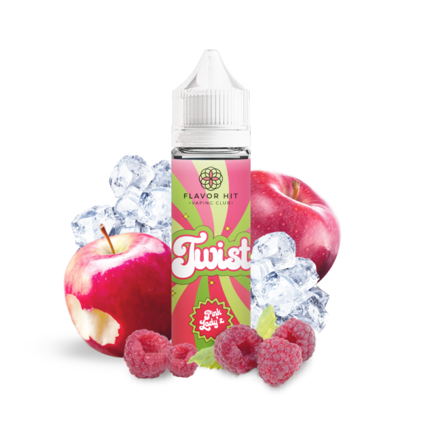 Bouteille de e-liquide Flavor Hit Twist Pink Lady'z avec des pommes, des framboises et des glaçons sur un fond blanc.