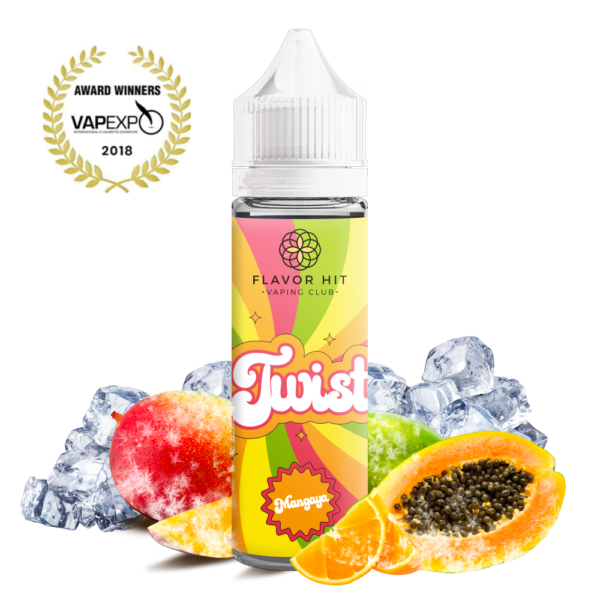 Bouteille de e-liquide Flavor Hit Twist Mangaya entourée de fruits exotiques et de glaçons sur un fond blanc, avec un badge de récompense Vapexpo 2018