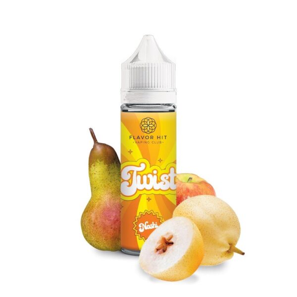 Bouteille de e-liquide Flavor Hit Twist Nashi avec des poires et des pommes sur un fond blanc.