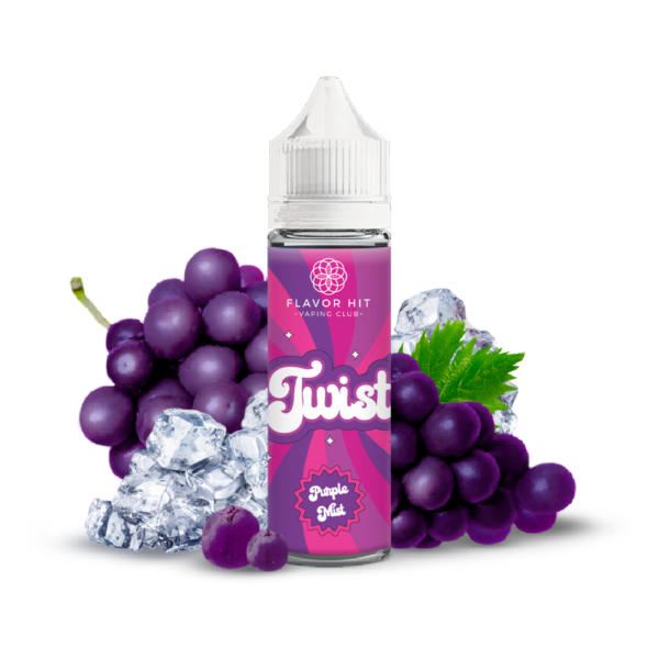 Bouteille de e-liquide Flavor Hit Twist Purple Mist avec des raisins noirs et des glaçons sur un fond blanc.