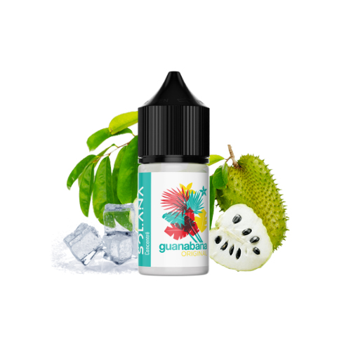 Bouteille de concentré de e-liquide Guanabana Original avec un corossol frais et des glaçons en arrière-plan.