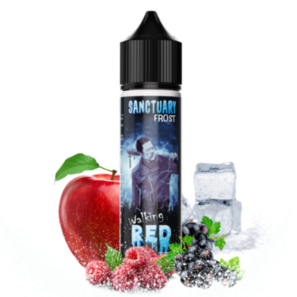 Bouteille de e-liquide Sanctuary Frost Walking Red entourée de pomme rouge, framboises, cassis et glaçons sur un fond blanc.