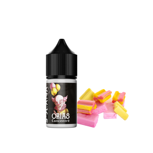 Bouteille de concentré de e-liquide Orias avec des bonbons roses et jaunes en arrière-plan.