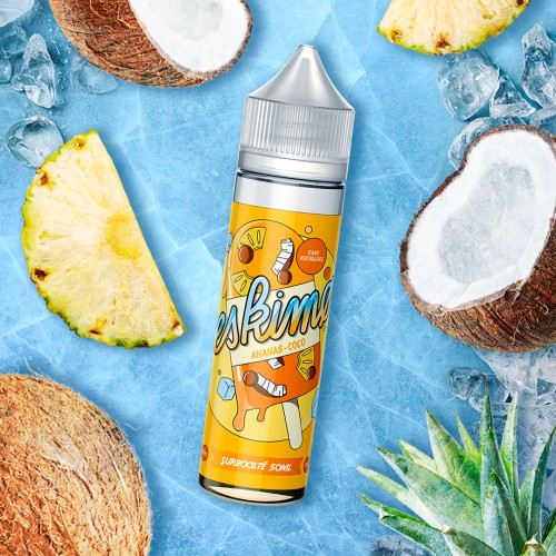 Bouteille de e-liquide Eskimo Ananas Coco entourée de morceaux d'ananas et de noix de coco sur un fond glacé.