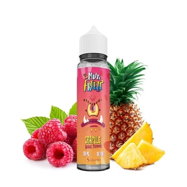 Bouteille de e-liquide Crapule de la gamme Liquideo MultiFreeze entourée de framboises et de morceaux d'ananas.