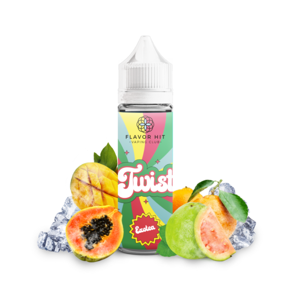 Bouteille de e-liquide Flavor Hit Twist Exotea entourée de mangue, de papaye, de goyave et de glaçons sur un fond blanc.