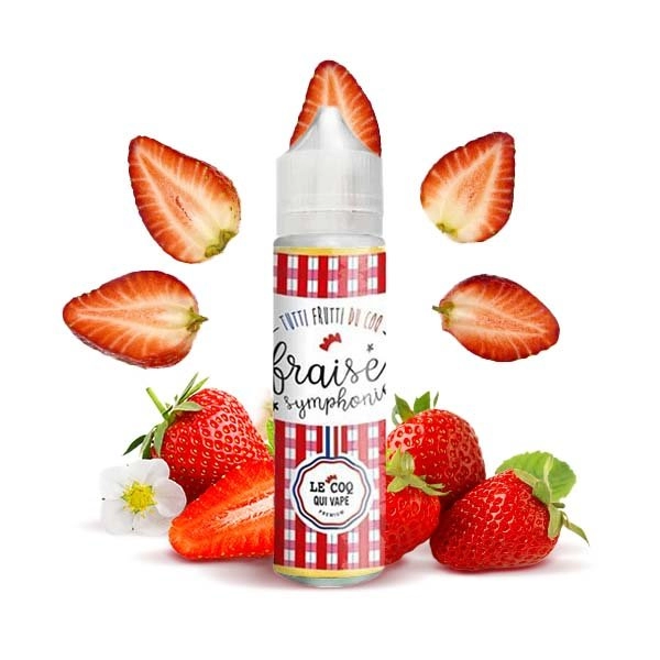 Bouteille de e-liquide Fraise Symphonie par Le Coq Qui Vape, entourée de fraises fraîches et de tranches de fraises