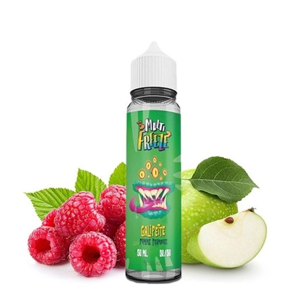 Bouteille de e-liquide Galipette de la gamme Liquideo MultiFreeze entourée de framboises et de pommes vertes.