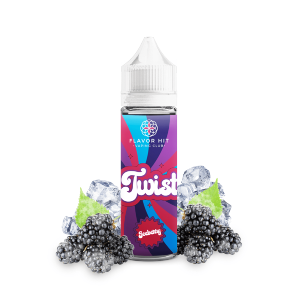 Bouteille de e-liquide Flavor Hit Twist Iceberry entourée de mûres, feuilles de menthe et de glaçons sur un fond blanc.