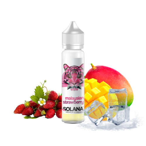 Bouteille de e-liquide Malaysian Strawberry par Solana, accompagnée de fraises, d'une mangue coupée en dés et de glaçons.