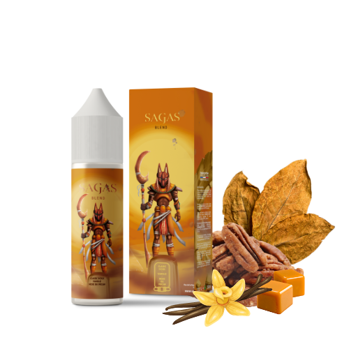 Bouteille et boîte de e-liquide Sagas Blend par Solana, accompagnées de morceaux de caramel, de gousses de vanille, de noix de pécan et de feuilles de tabac.