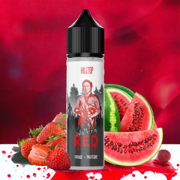 Bouteille de e-liquide Hilltop Walking Red entourée de fraises et de pastèques sur un fond rouge intense.