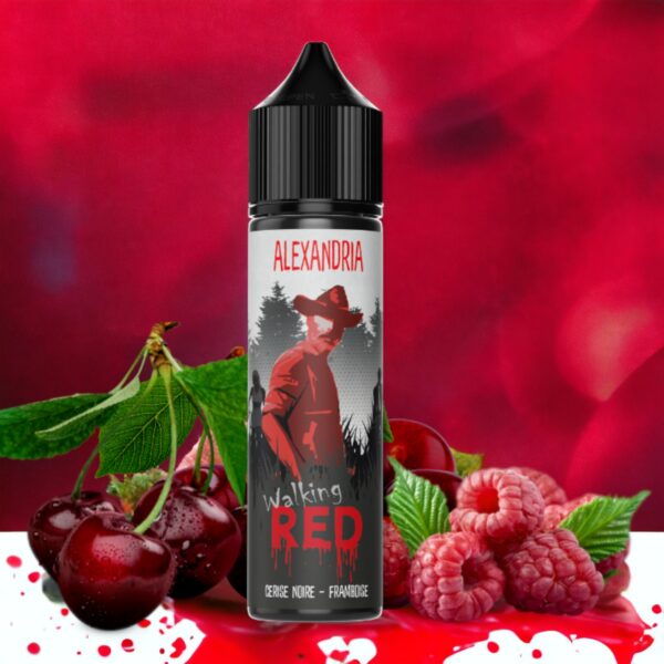 Bouteille de e-liquide Alexandria Walking Red avec des cerises noires et des framboises en arrière-plan.