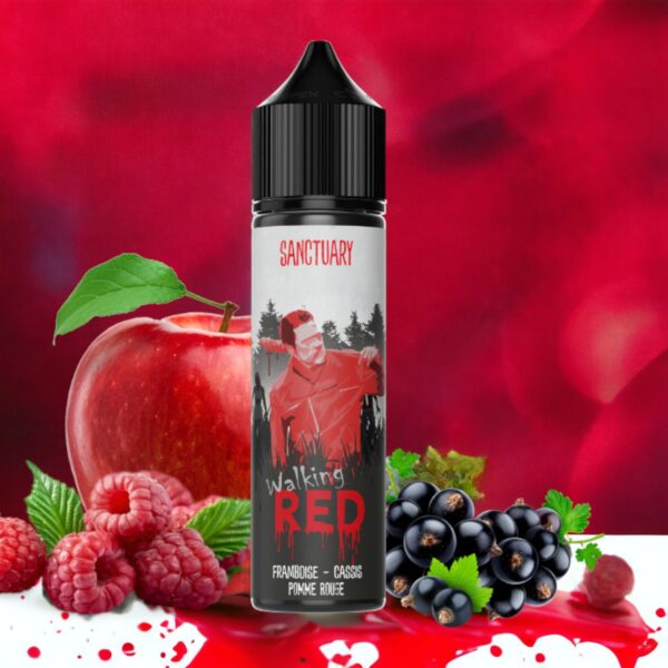 Bouteille de e-liquide Sanctuary Walking Red entourée de pomme rouge, framboises, cassis et feuilles sur un fond rouge.