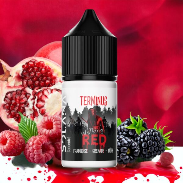 Bouteille de concentré de e-liquide Terminus Walking Red avec des fruits de framboise, grenade et mûre en arrière-plan.