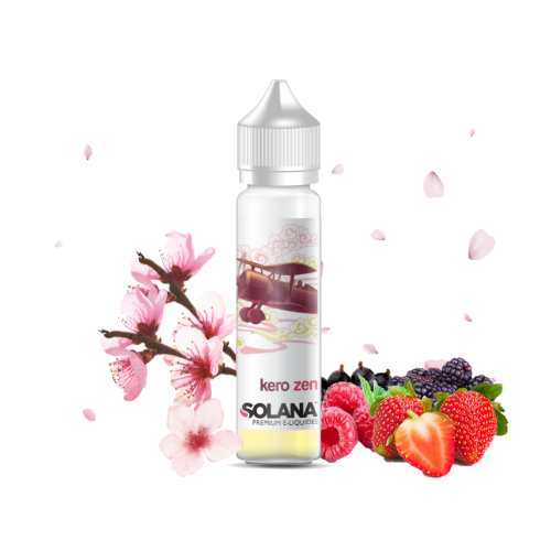 Bouteille de e-liquide Solana Kero Zen, entourée de fleurs de cerisier et de fruits rouges.