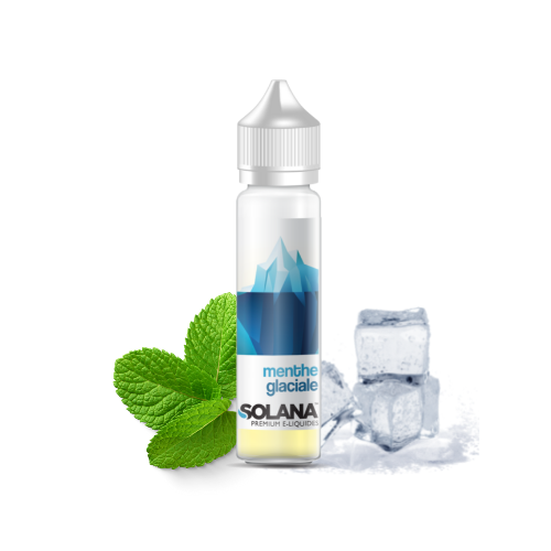 Bouteille de e-liquide Menthe Glaciale par Solana, accompagnée de feuilles de menthe fraîche et de glaçons.