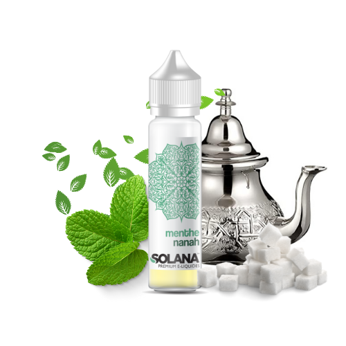 Bouteille de e-liquide Solana Menthe Nanah, entourée de feuilles de menthe et d'une théière en métal.