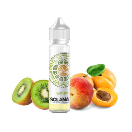 Bouteille de e-liquide Wanaka par Solana, entourée de morceaux de kiwi, de pêches et d'abricots.