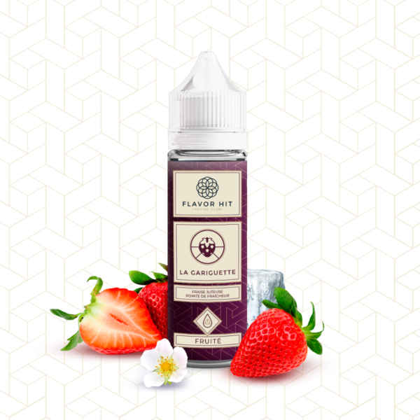 Bouteille de e-liquide Flavor Hit La Gariguette entourée de fraises et de glaçons sur un fond à motif géométrique.