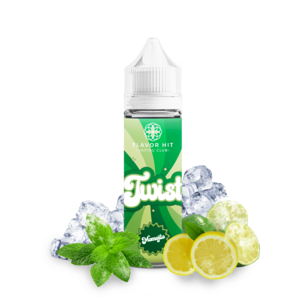 Bouteille de e-liquide Flavor Hit Twist Momojito entourée de feuilles de menthe, de citron, de lime et de glaçons sur un fond blanc.