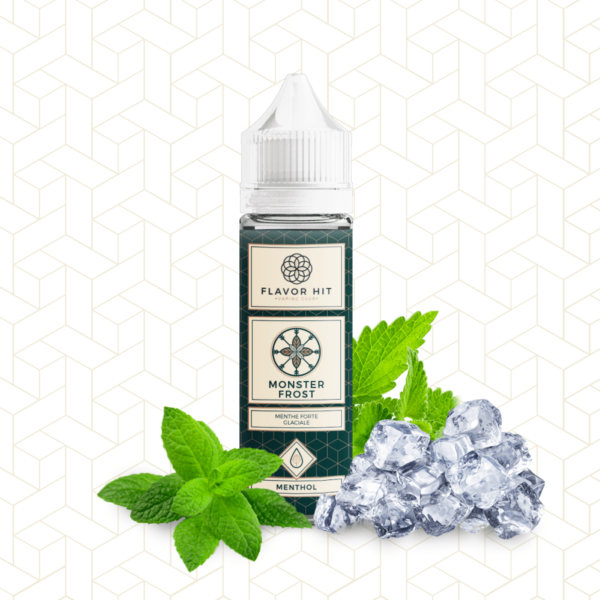 Bouteille de e-liquide Flavor Hit Monster Frost entourée de feuilles de menthe et de glaçons sur un fond à motif géométrique.