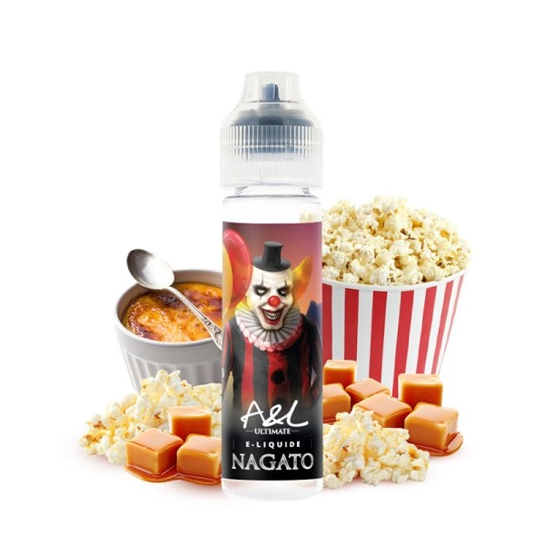 Bouteille de e-liquide A&L Nagato entourée de caramel, de pop-corn et de crème brûlée sur un fond blanc.