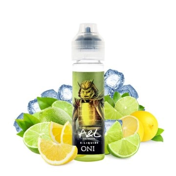 Bouteille de e-liquide A&L Oni entourée de citrons, limes et glaçons sur un fond blanc.