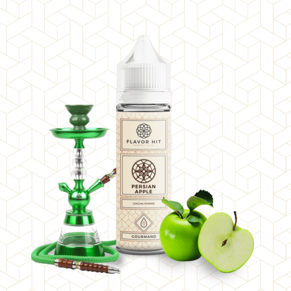 Bouteille de e-liquide Flavor Hit Persian Apple avec une chicha verte et des pommes vertes sur un fond à motif géométrique.