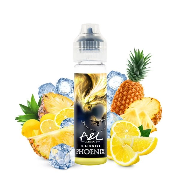 Bouteille de e-liquide A&L Phoenix entourée d'ananas, de tranches de citron et de glaçons sur un fond blanc.