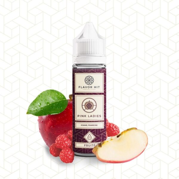 Bouteille de e-liquide Flavor Hit Pink Ladies entourée de pommes et de framboises sur un fond à motif géométrique.