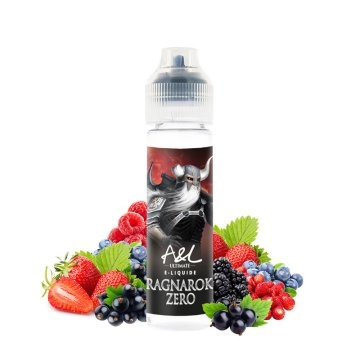 Bouteille de e-liquide A&L Ragnarok Zero entourée de divers fruits rouges et baies sur un fond blanc.