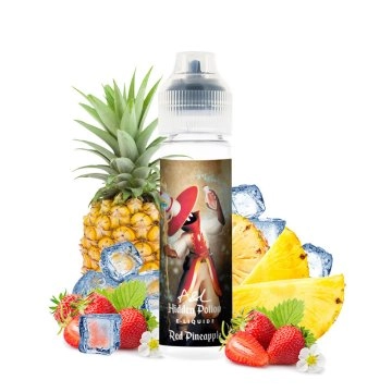 Bouteille de e-liquide A&L Red Pineapple entourée d'ananas, de fraises et de glaçons sur un fond blanc.