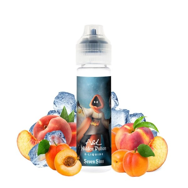 Bouteille de e-liquide A&L Seven Sins entourée de pêches, d'abricots et de glaçons sur un fond blanc.