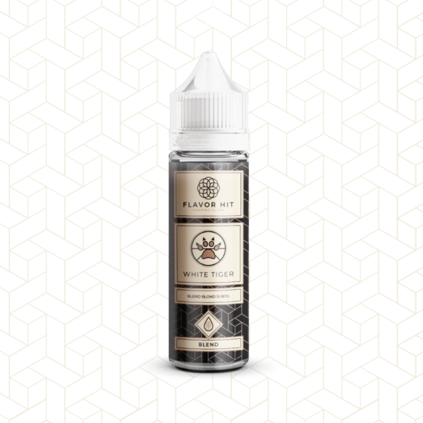 Bouteille de e-liquide Flavor Hit White Tiger avec un design élégant et minimaliste sur un fond à motif géométrique.